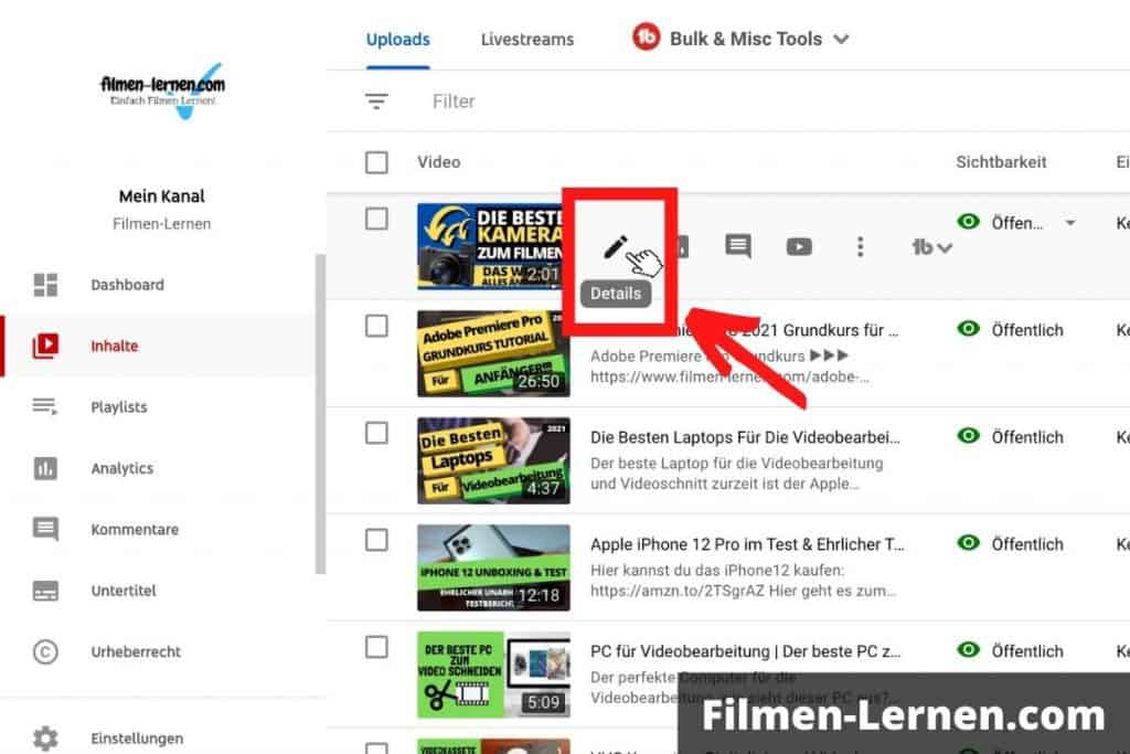 videodetailseite youtube studio