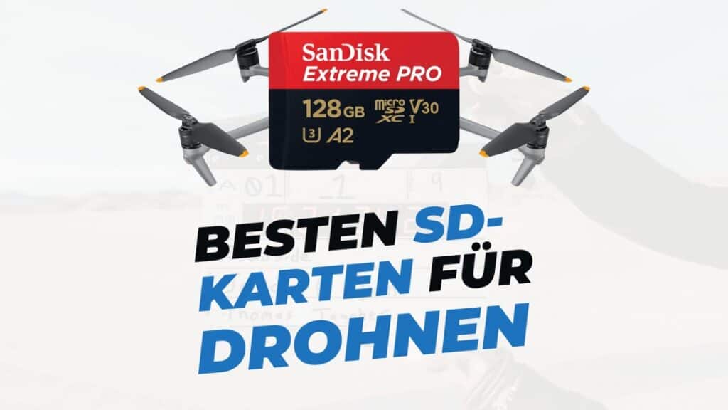 Beitragsbild - die besten SD Karten für Drohnen mit Speicherkarten und Drohne und Überschrift auf weißem Hintergrund