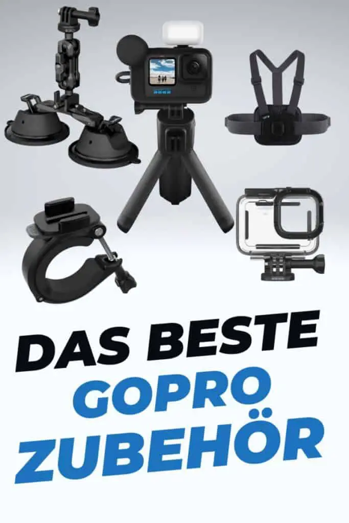 Das beste GoPro Zubehör Beitragsbild mit Text auf weißem Hintergrund mit Go Pro Creator Edition für Pinterest